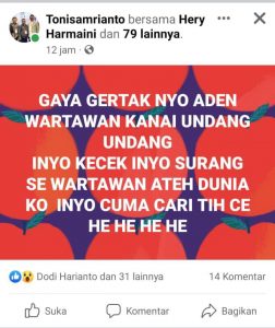 Sebut Wartawan Dia Hanya Cari Uang Saja, Akun FB Tomi sambrianto Dikecam Insan Pers