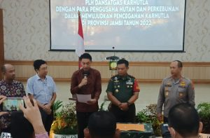 PJ bupati Muaro Jambi hadiri Coffe Morning Satu Persepsi Pencegahan dan Penangganan Karhutla Bersama TNI , Polri Dan Pengusaha Hutan dan Perkebunan di Makorem 042/Gapu