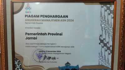 Provinsi Jambi Raih 2 Penghargaan Peringkat 3 Nasional Anugerah Manajemen ASN 2024